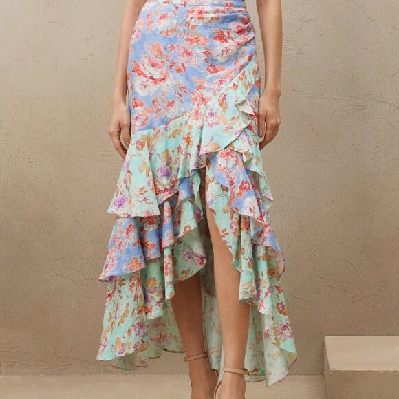 Blue Boho Women's Elegant High-Waist Dual-Tone Ruffled Asymmetric Hem Skirt - Picture 3 of 6